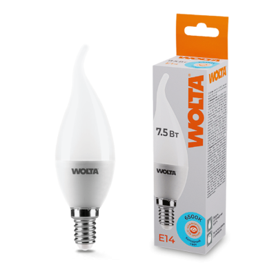 Светодиодная лампа WOLTA 7.5Вт 6500K E14 свеча на ветру матовая 25WCD7.5E14