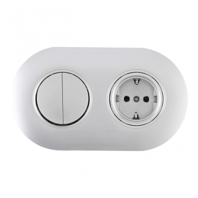 Выключатель круглый двухклавишный с розеткой с/з и шторками Arte Milano SET08-2-40-1-30-2 silver