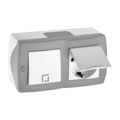 Выключатель одноклавишный + розетка с заземлением и крышкой Mono Electric Octans IP20 10А 250В бело-серый 104-020001-183