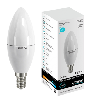 Лампа светодиодная Gauss E14 6W 4100K свеча матовая LD33126