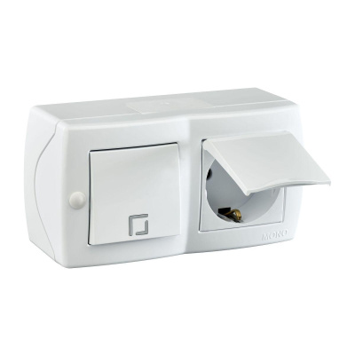 Выключатель одноклавишный + розетка с заземлением и крышкой Mono Electric Octans IP20 10А 250В белый 104-010101-183
