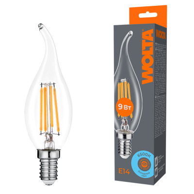 Лампа светодиодная филаментная WOLTA 9Вт 6500K Е14 свеча на ветру прозрачная WF-CT35-9W6KE14