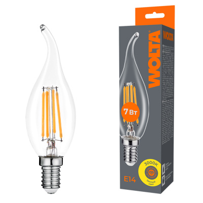 Лампа светодиодная филаментная WOLTA 7Вт 3000K Е14 свеча на ветру прозрачная WF-CT35-7W3KE14