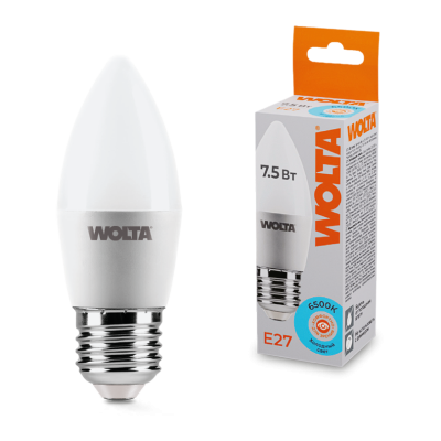 Светодиодная лампа WOLTA 7.5Вт 6500K E27 свеча матовая 25WC7.5E27