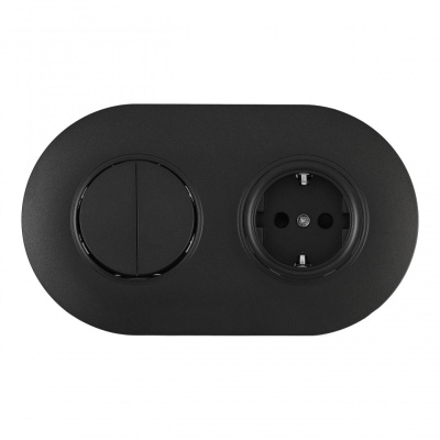 Выключатель круглый двухклавишный с розеткой с/з и шторками Arte Milano SET08-2-40-1-30-2 black