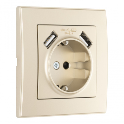 Комплект розетки с/з и шторками + USB и рамкой Arte Milano SET06-1-47-1 shampan