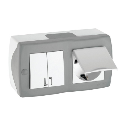 Выключатель двухклавишный + розетка с заземлением и крышкой Mono Electric Octans IP20 10А 250В бело-серый 104-020001-187